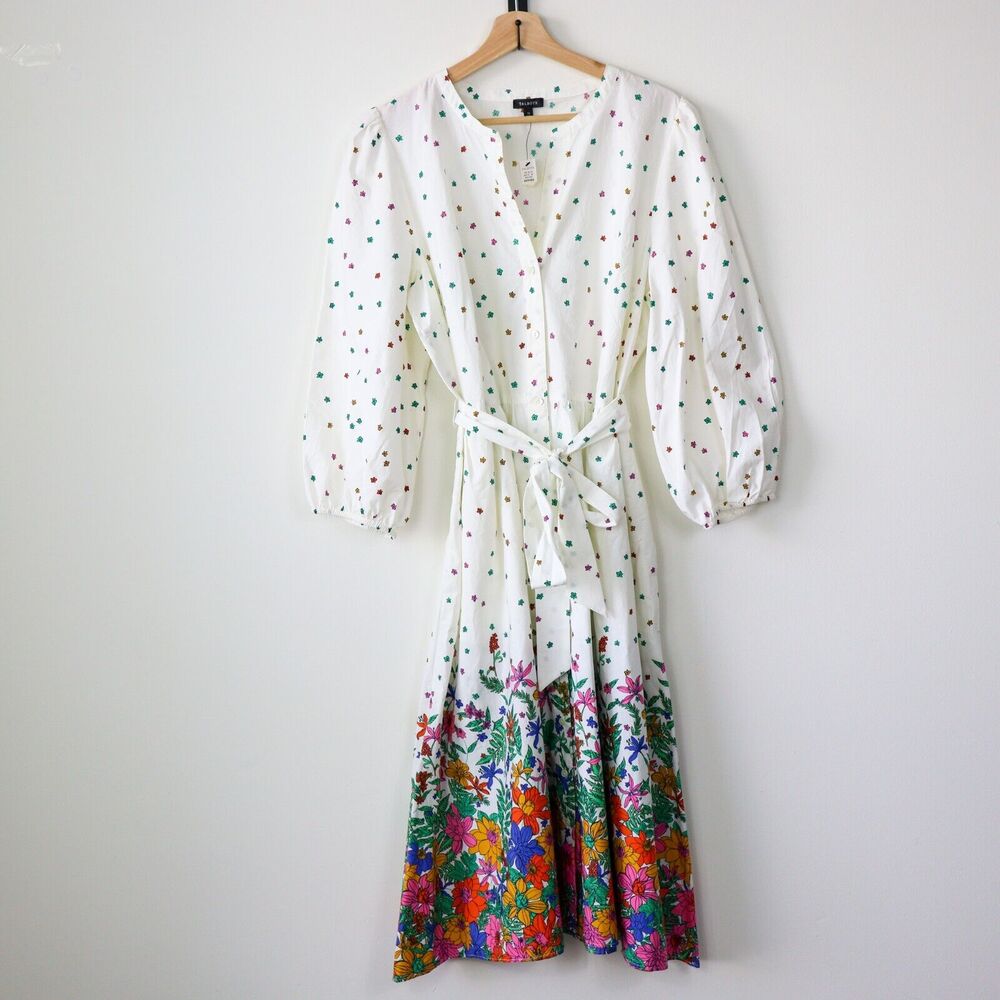Talbots Dress 12 White Floral Knee Length Belted Pockets Art To Wear